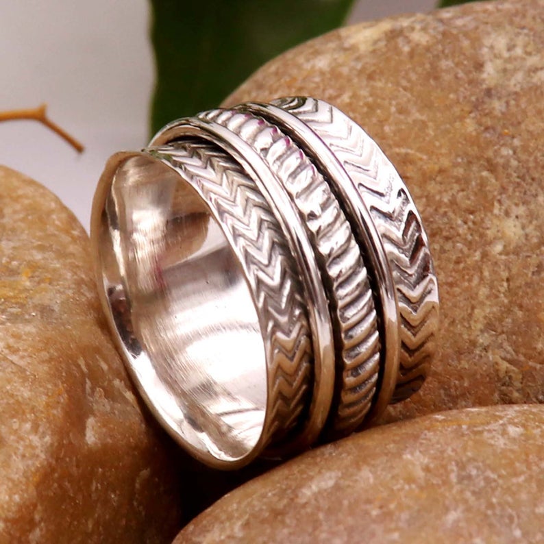 Bague Boho Love, Bague Anti-Stress en Argent, Cadeau Saint-Valentin, Bague Martelée, Bague Spinner en Argent Sterling 925, Bijoux Faits Main, B