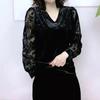 Women Vintage V-Neck Lace and Velvet Blouse with Stylish Diamonds