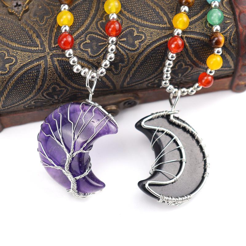 New Gold Plated Copper Wire-wrapped Moon Natural Stone Lucky Tree Necklace Colorful Bead Sweater Chain N563