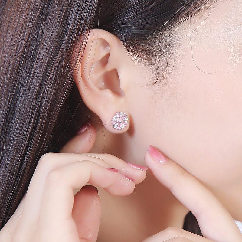Pink Cherry Blossom Zircon Inlaid Silver-Plated Copper Stud Earrings for Women - Japanese Korean Sweet Style Creative Ear Jewelry