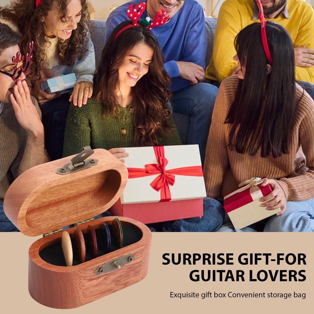 Guitar Pick Holder with 10 Picks - Wooden Pick Box with 2 Wood + 8 Celluloid Picks, Music Accessory Storage for Guitar Players