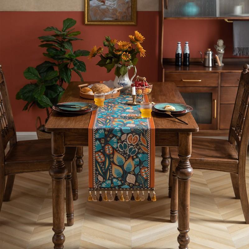 Vintage Woven Jacquard Table Flag Homestay Dining Table Tea Room Light Luxury Table Flag Polyester Floral Tassel Table Flag (as the picture,35x100cm)