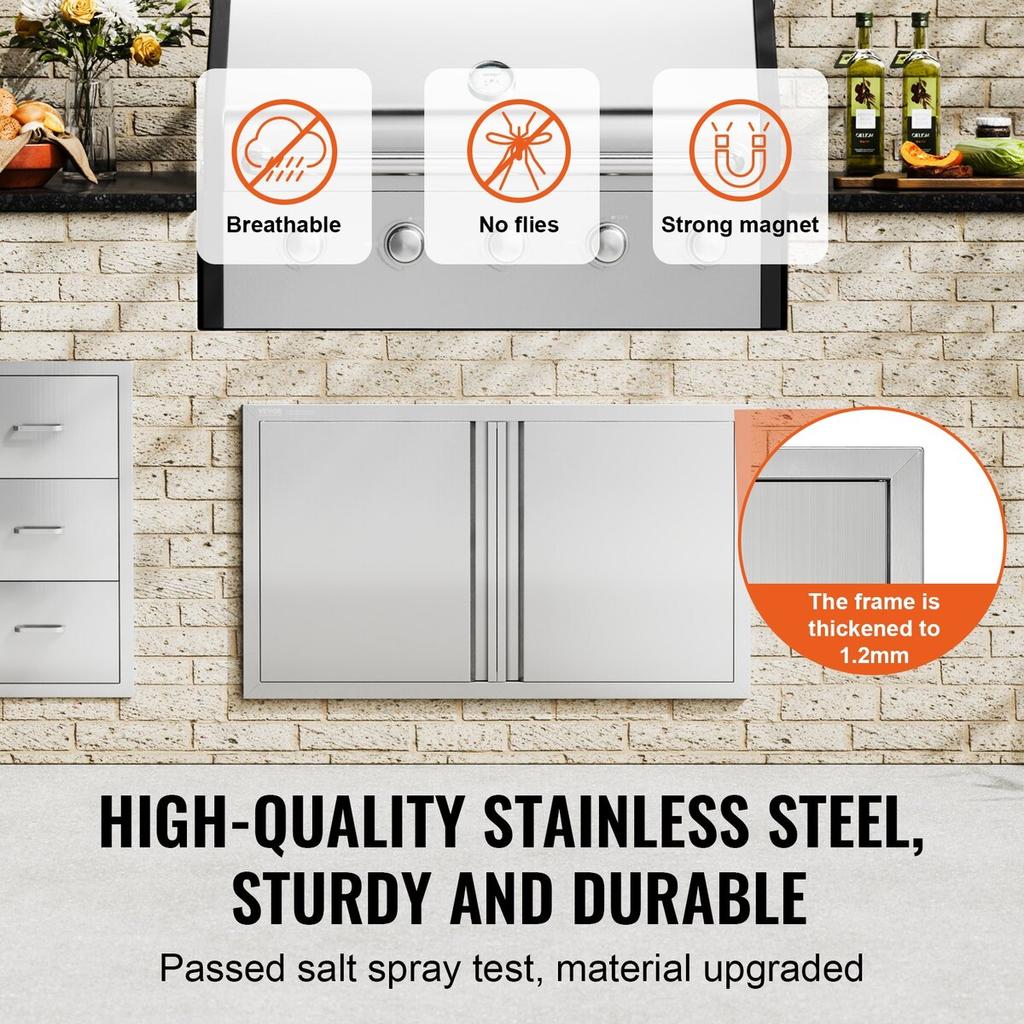 BBQ Access Door, 914x534 Mm Double Outdoor Kitchen Door, Stainless Steel Flush Mount Door, Wall Vertical Door with Recessed Handles , for BBQ Island,
