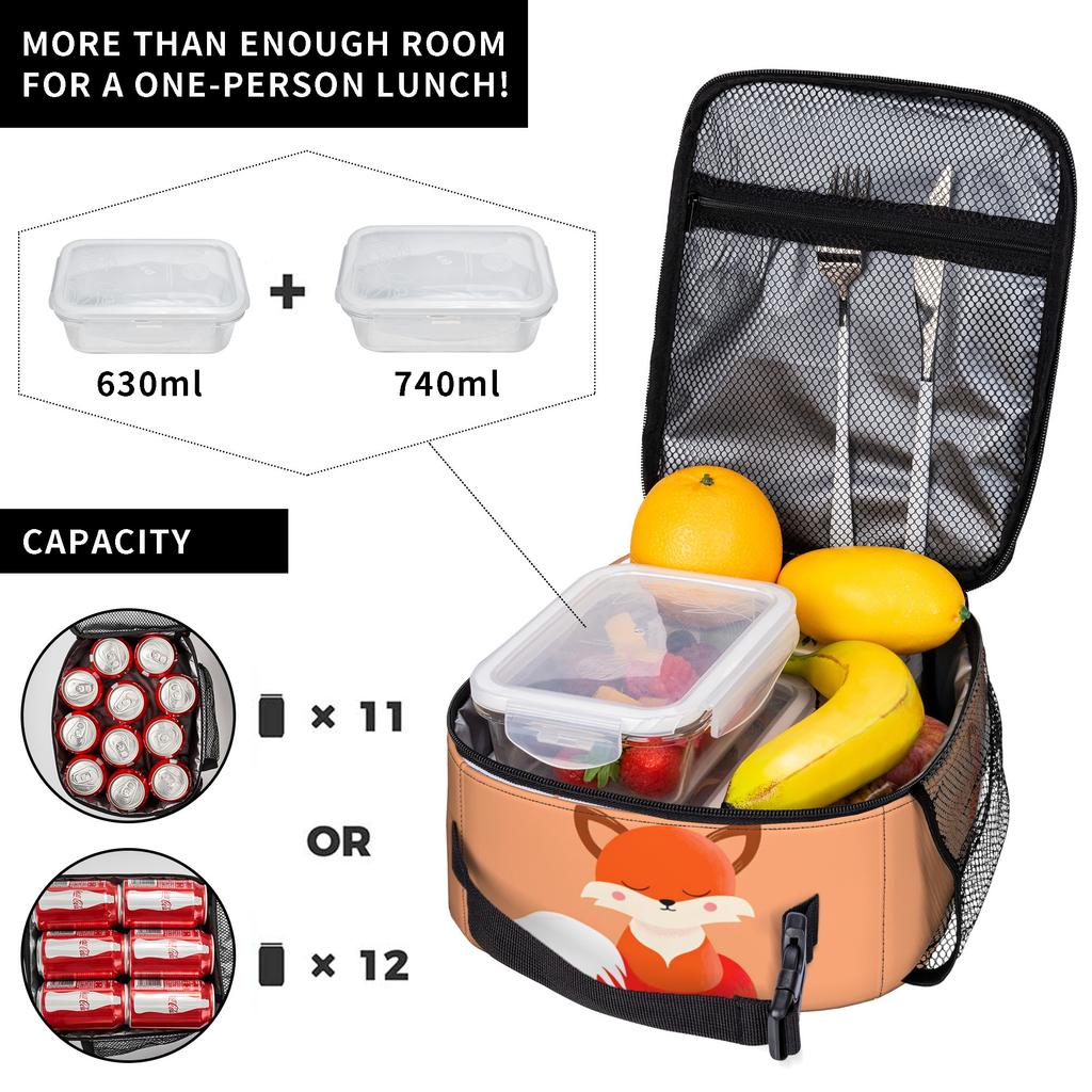 Cute Fox Lunch Bag Portable Zipper Lunch Box Women Travel Graphic Design Cooler Bag Fashion Waterproof Thermal Tote Handbags
