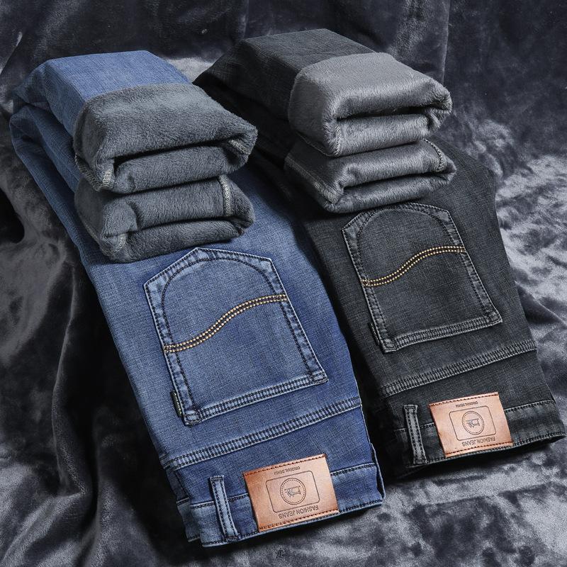 2024 Winter New Men'S Slim Fit Small Straight Leg Denim With Thick Fleece For Warmth And Casual Stretch Long Pants