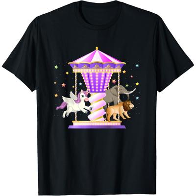 T-shirt Carrousel de Cirque Licorne Lion Éléphant Parc d'Attractions