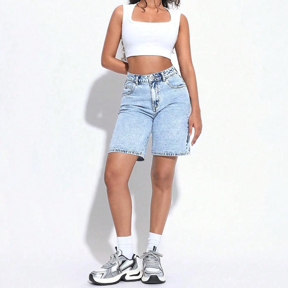 Women's High Waist Denim Shorts Dark Blue Casual Slim Fit Summer Shorts