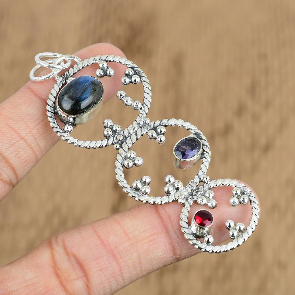 Oval Labradorite Stone African Amethyst Boho Pendant Jewelry 925 Sterling Silver