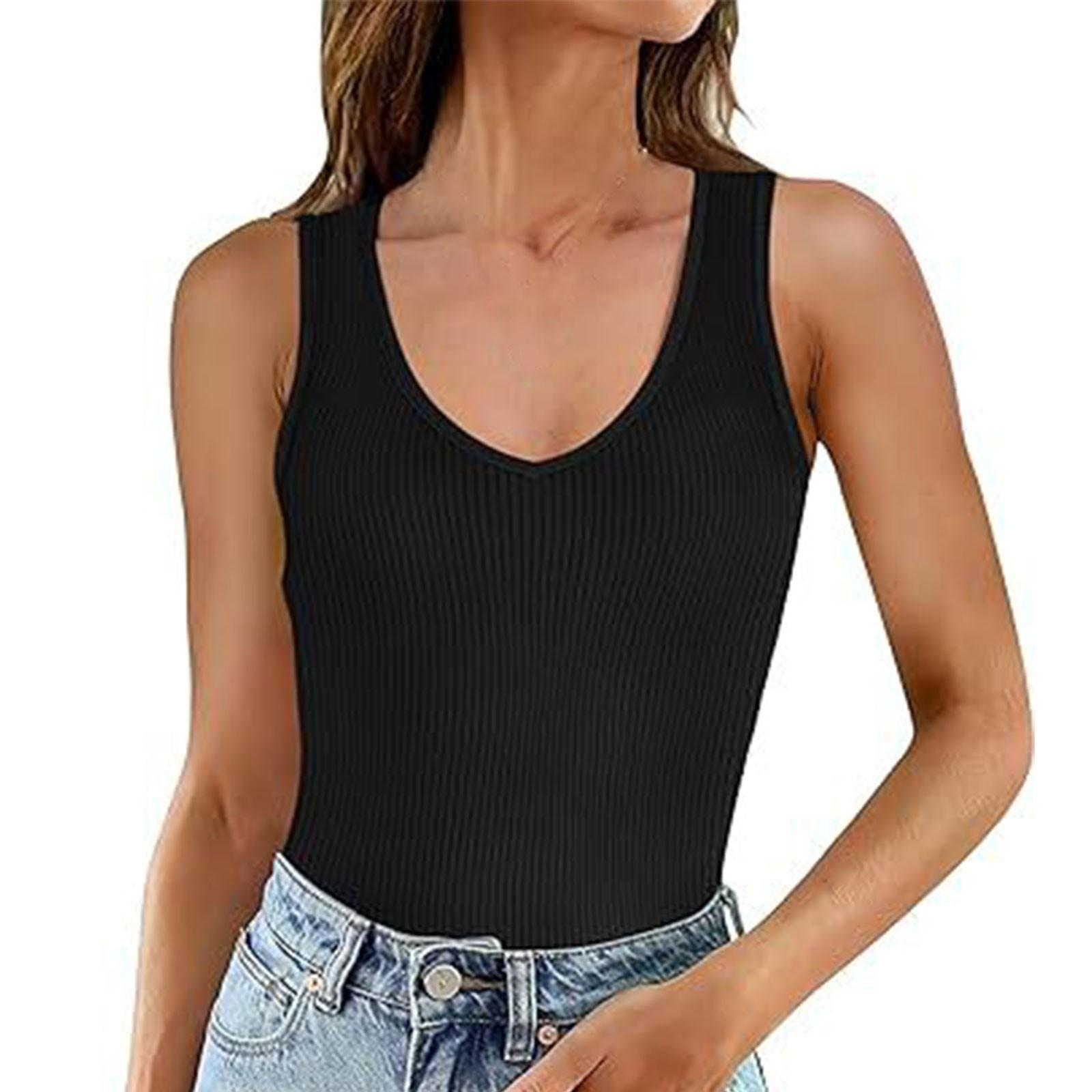 

Womens Ribbed Tank Tops 2024 Summer V Neck Slim Fitted Tops Casual Basic Knit Sleeveless Shirts S чёрный