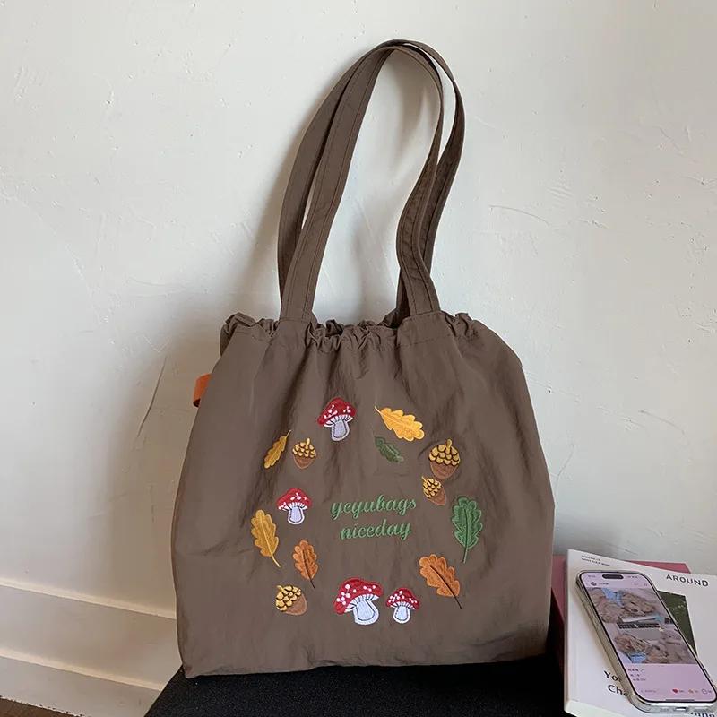 Vintage Embroidery Nylon Tote Shoulder Bag for Women Large Capacity Ladies Drawstring Shopper Bags Casual Portable Handbags