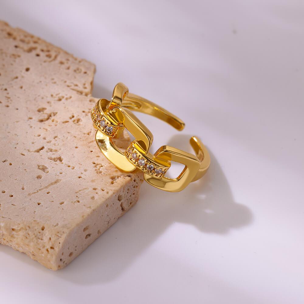 Stainless Steel Chain Shaped Rings for Women Gold Color Open Ring with White Zircon Punk Party Charm Jewelry Prom Accessories