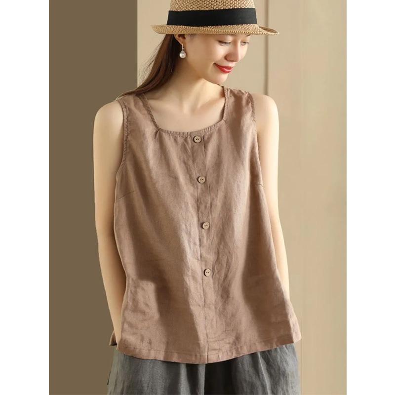 Cotton and Linen Sleeveless T-shirt Summer Simple Button Decoration Vest Loose Vest T-shirt Pullover