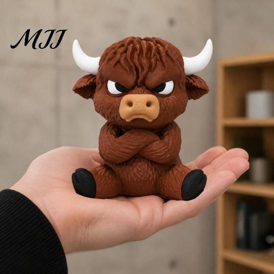 Artistic Hair Detail Ornament 3D Printed Angry Highland Cow Figurine, Cute Attitude Animal Desktop Three Dimensional Sitting Figurine Ornament, Statue