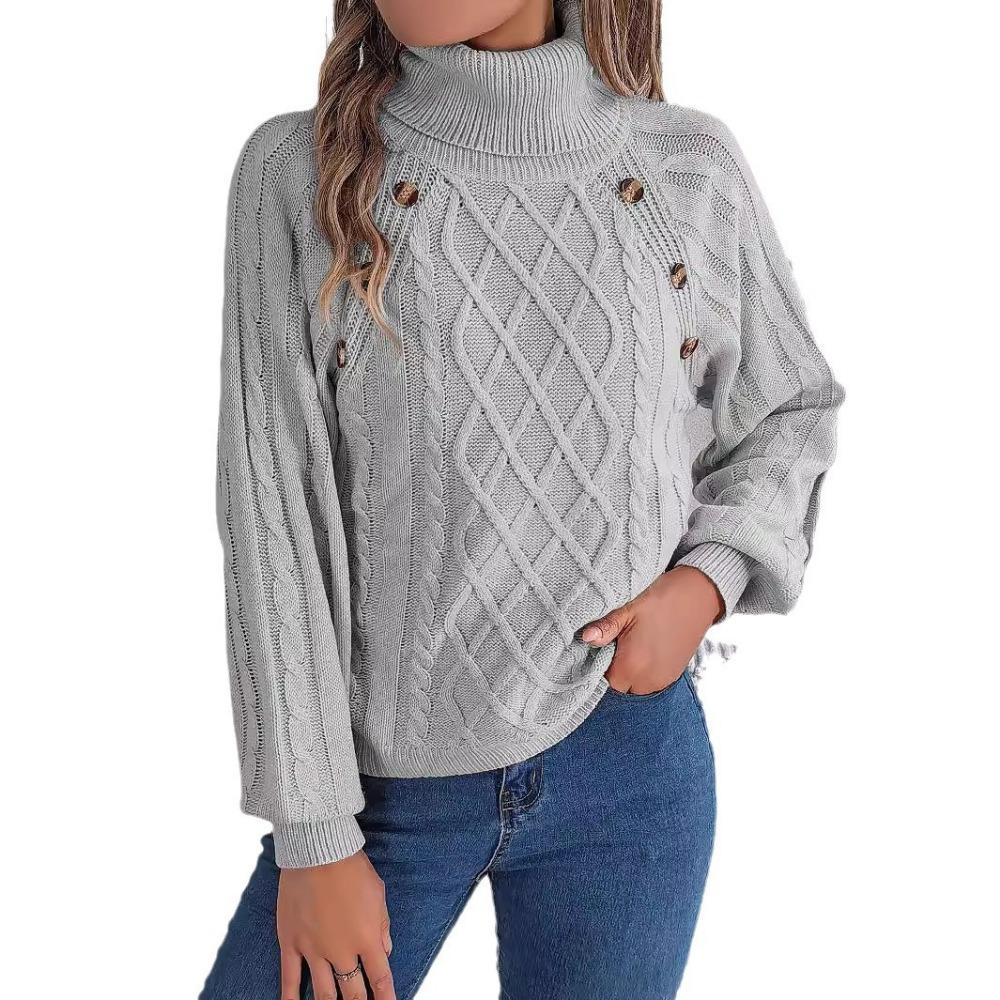 Autumn/Winter Casual Solid-Colour Buttoned Cable-Knit Turtleneck Bell-Sleeve Pullover for Women