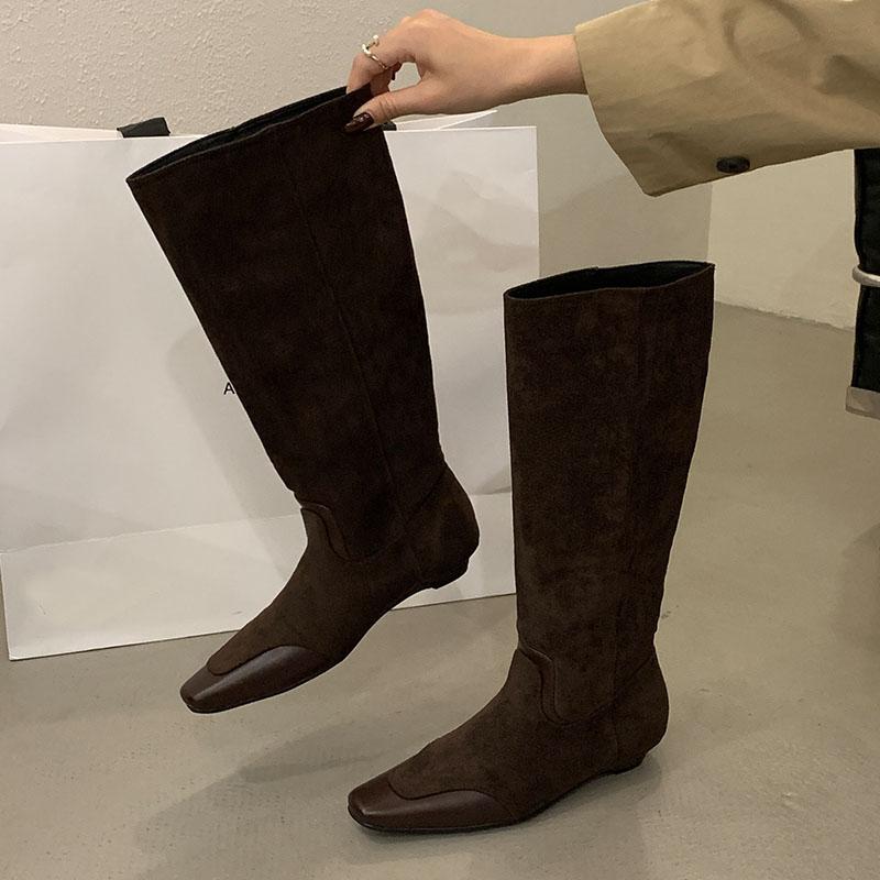 Fashion New Fashion Flock Women Knee High Western Boots With Low Heel Female Slip On Footwear Pointed Toe Ladies Long Booties Shoes