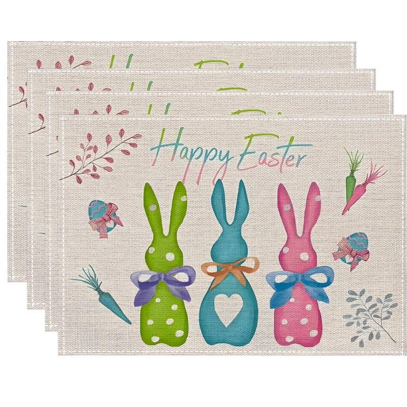 Easter Bunny Placemat Festive Home Decor Watercolor Rabbit Design Linen Placemat Tableware Heat Resistant Table Mat for Kitchen