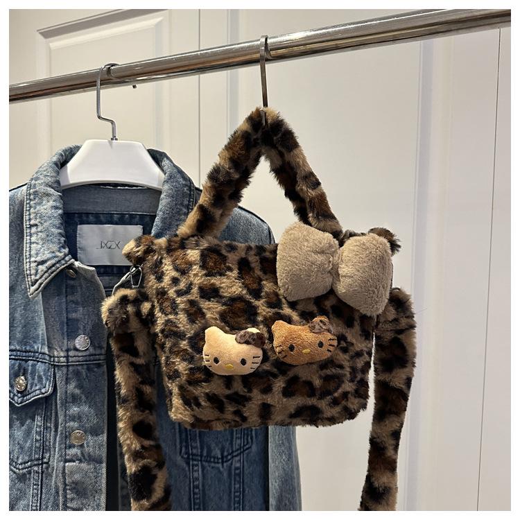 Leopard Print Fuzzy Retro Bucket Shoulder Bag, Large Capacity, Winter 2025 Women's Crossbody Underarm Bag