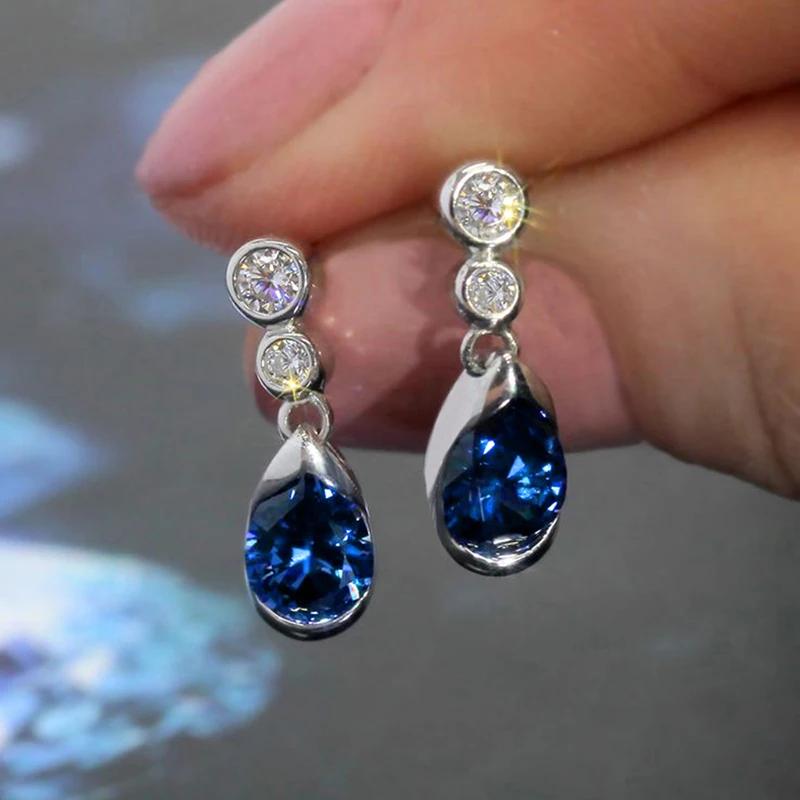 Chic Trendy Drop Earrings for Women Blue Zirconia Pendant Jewelry for Engagement Dainty Fashion Accessories for Female
