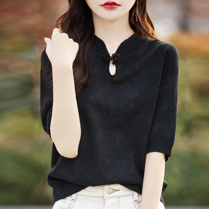 Spring/Summer Wool Knit Qipao Collar Mid-Sleeve Jacquard Top