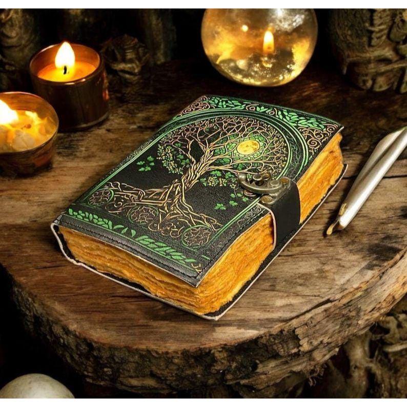 Grimoire Vintage Leather Journal, Tree of Life Fat Journal, Blank Spell Book of Shadows Celestial Gifts For Him Her
