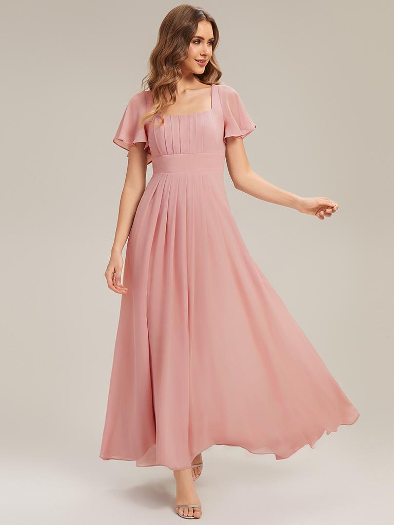 Ever-Pretty Women's Spring Short Sleeves Square Neck Chiffon Tie Back Elastic Back Waistband Formal Wedding Guest Dress Bridesmaid Dresses