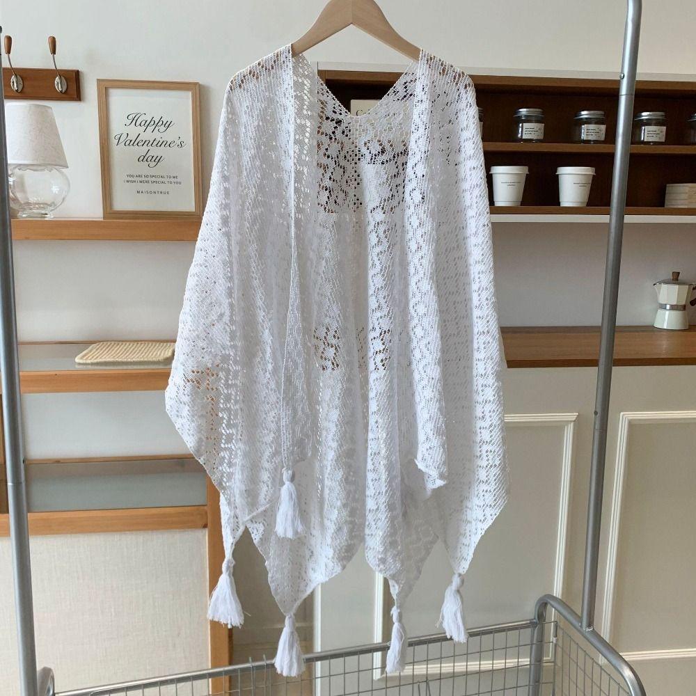 Colorful Ethnic Style Tassel Shawl Thin Beach Scarf Sunscreen Crochet Cardigan  Spring Summer