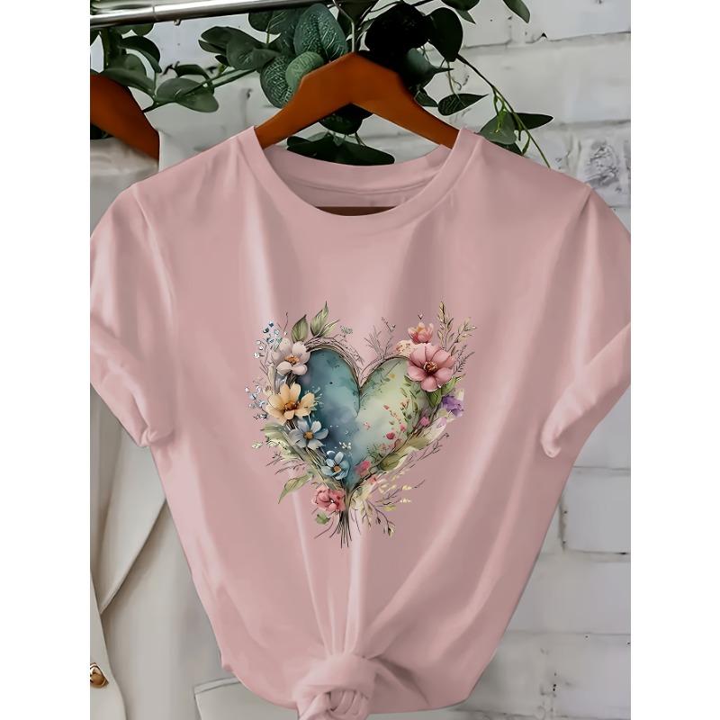 Love Bouquet Woven Pattern Round Neck T-shirt for Women Summer Breathable and Comfortable Fabric