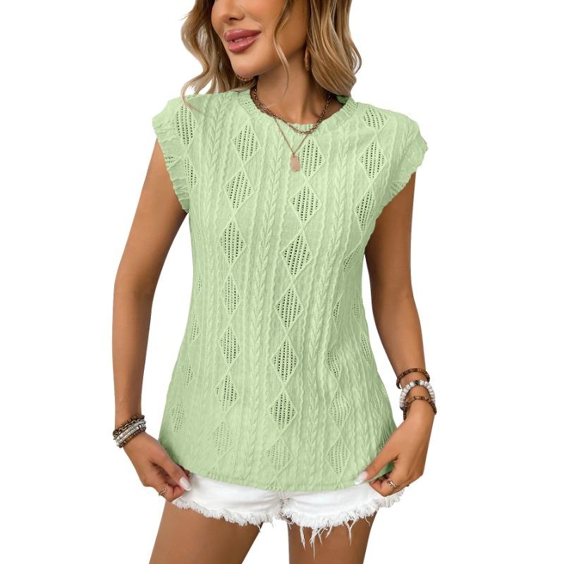 Summer Women's Round Neck Jacquard Short Sleeve Loose T-shirt Vest Top