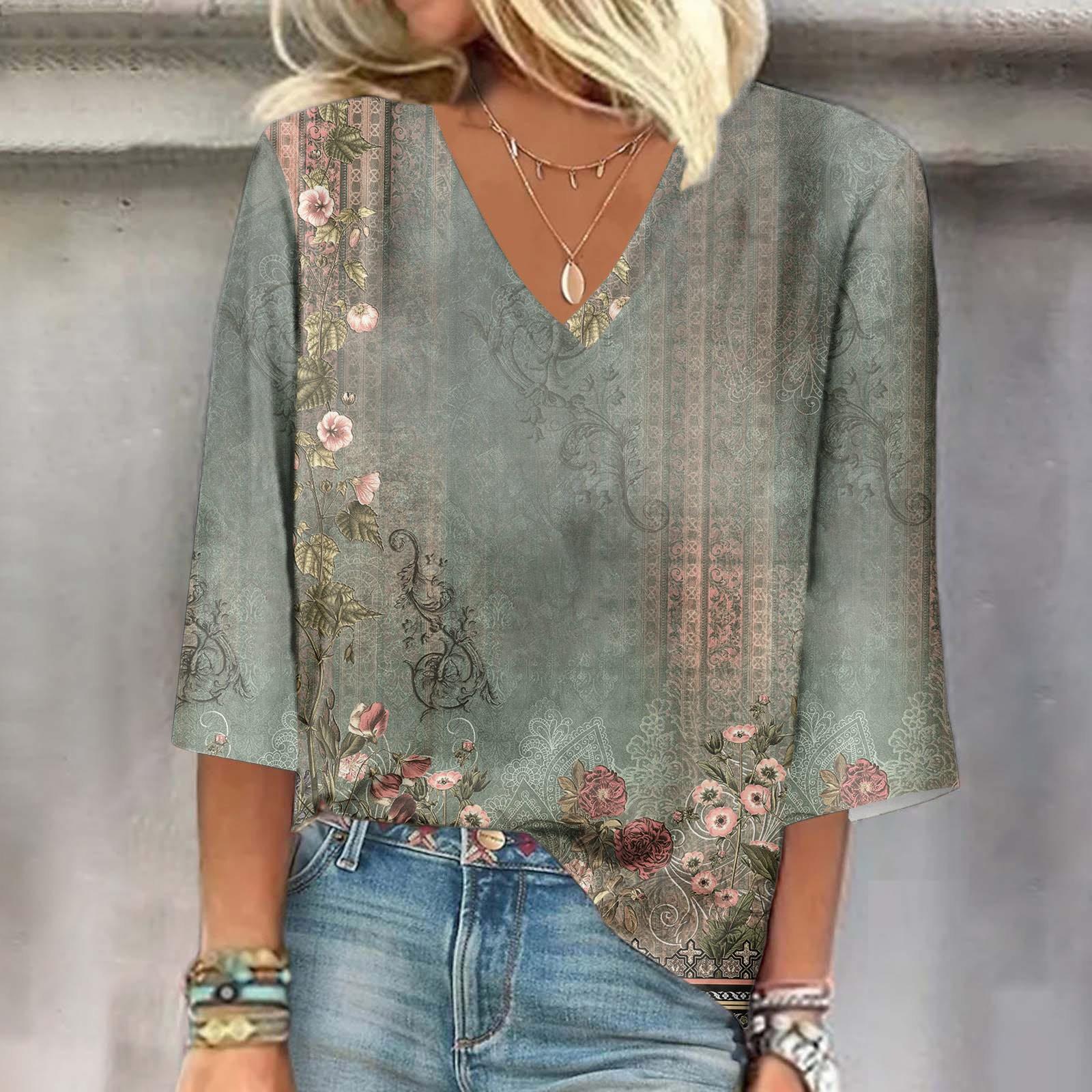 

Женская рубашка, блузка, повседневные свободные рубашки, рукава 3/4, топы с v-образным вырезом и принтом, топы с принтом, футболки, футболки S