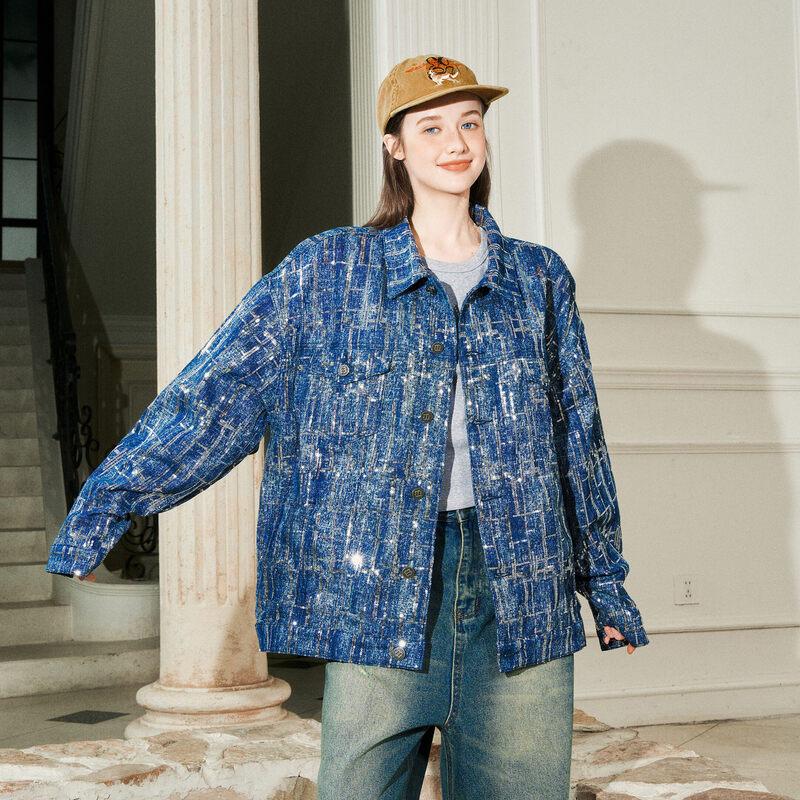 BEETLE TOWN Glitter Sequin Denim Jacket XL