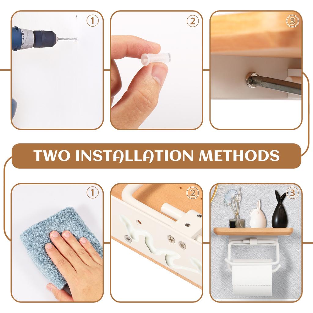 Toilet Paper Holder with Natural Walnut Wooden Shelf Wall Mount Toilet Paper Tissue Holder Tissue Paper Roll Holder with 2 Hooks