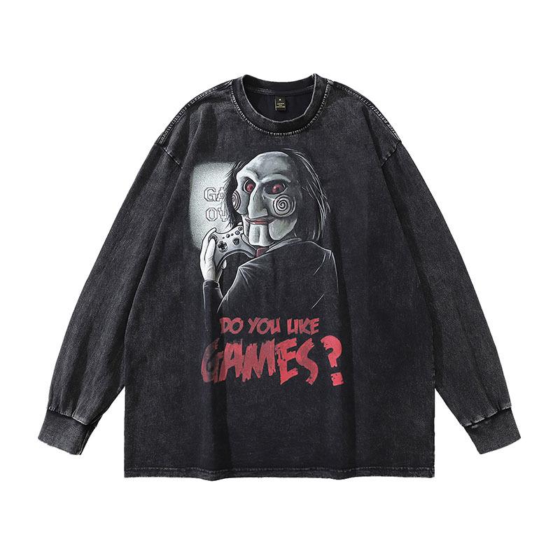 American Street Retro West Coast Hiphop Print Old Long-Sleeved T-Shirt Men'S And Women'S Washed Bottoming Tee Shirt