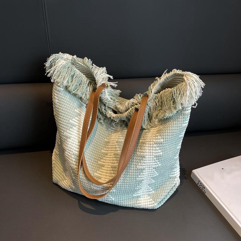 Casual Travel Stripe Design Shoulder Bag New Tassel Handbags Woven Canvas Bag Women's Large Capacity Tote Bag