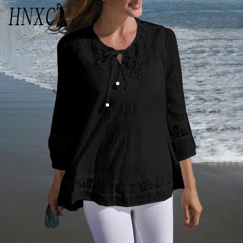 HNXC Women's Fashion Casual Solid Color Print 3/4 Sleeve O Neck Blouses & Shirts