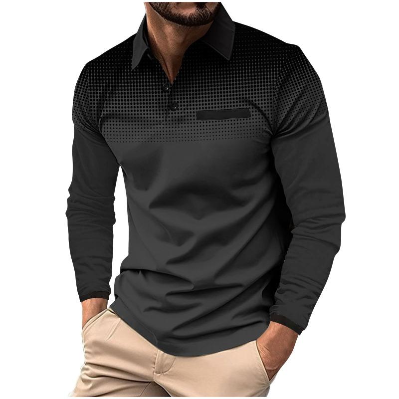 Autumn Men's Long Sleeved Polo Shirt with Printed Polka Dot Collar Sports Top