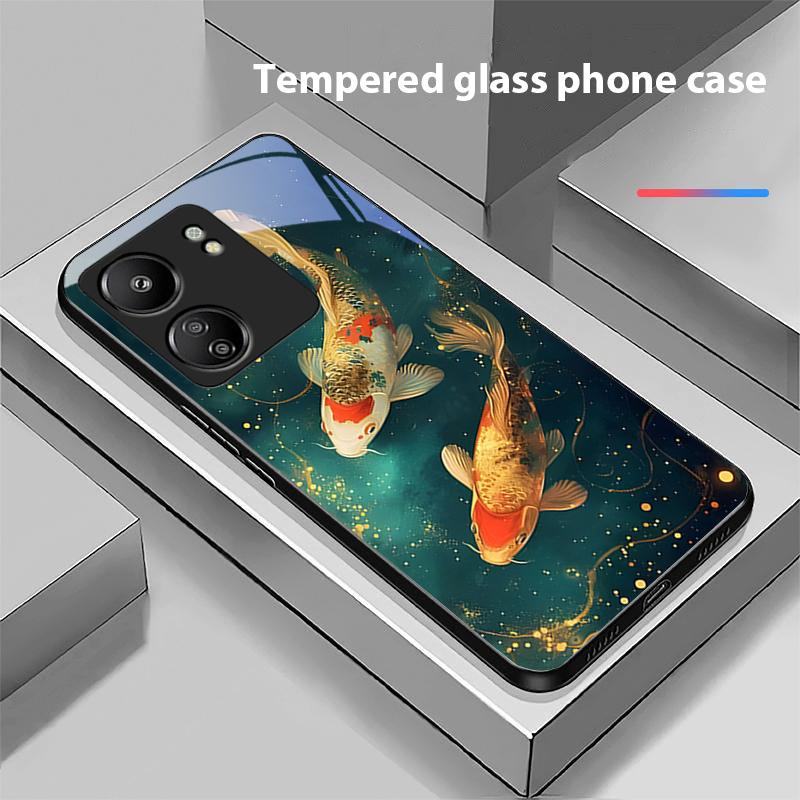 Chinesischer Windfisch Für Xiaomi Redmi 13C Note13 12 Pro Plus 5G Note 9 13T Pro POCO X6 F5 F6 Schwarze Handyhülle aus gehärtetem Glas