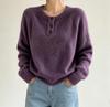 V-neck Solid Color Button Sweater for Women - 2026 Autumn/Winter Loose Knit Casual Pullover.