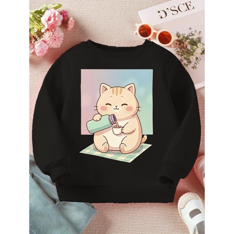 Kids Loose Crewneck Sweatshirt, Cute Cartoon Cat Print Trendy All-Match Long Sleeve Top for Spring Autumn