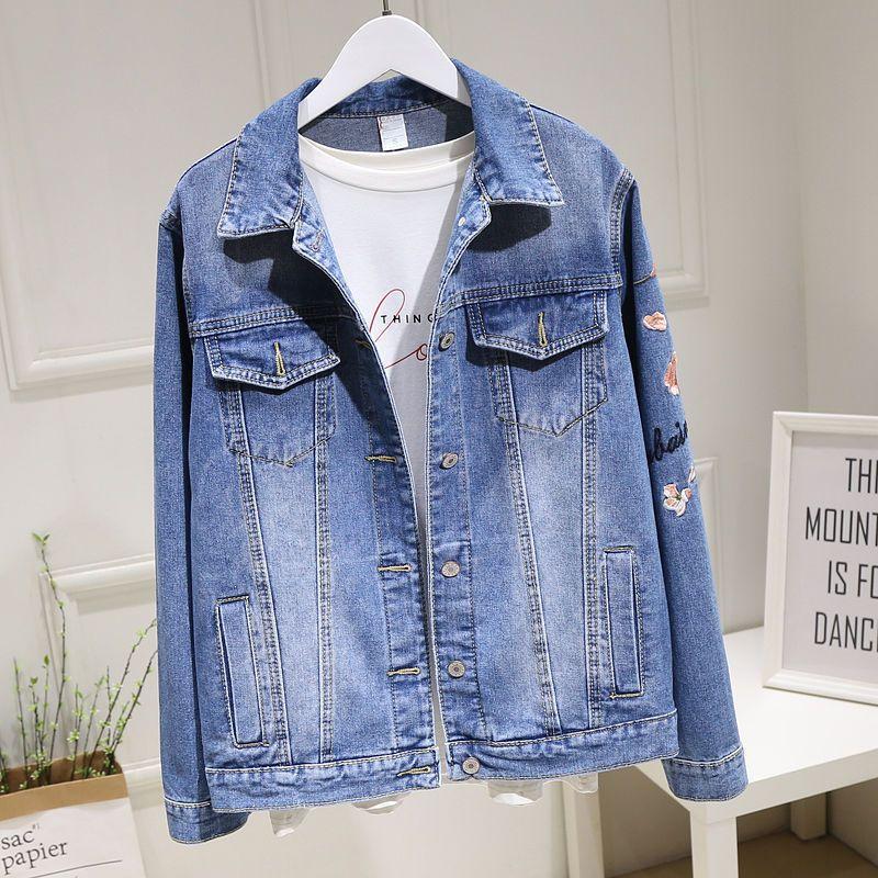Women's Denim Jacket Spring and Autumn Casual Versatile Embroidered Retro Mid-length Top