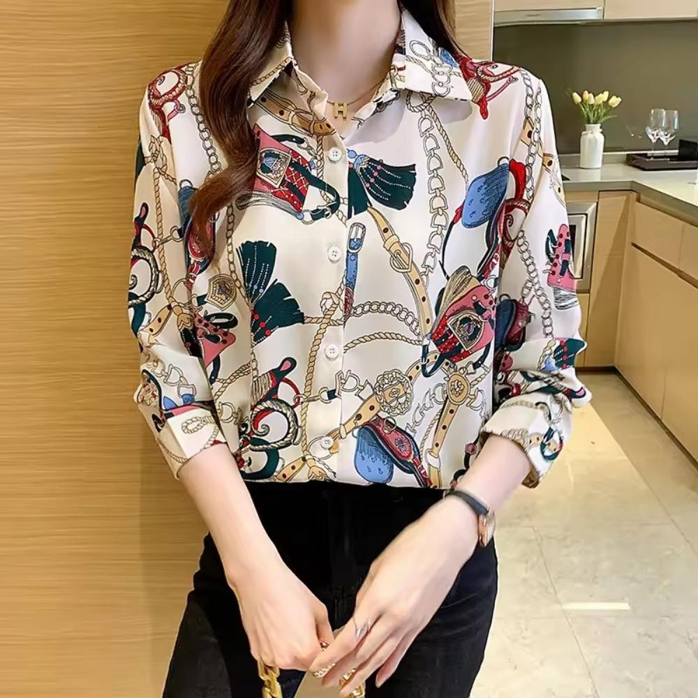 Women'S Simple Shirts 2025 New Floral Print Shirts Summer Vintage Lapel Button Tops Elegant Fashion Long Sleeve Blouses Casual