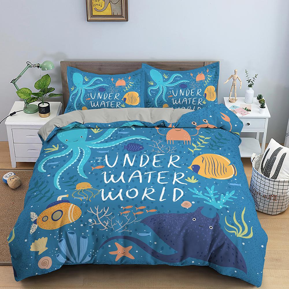 Cartoon Underwater World Sea Animals Bedding Set Boys Girls Twin Queen Size Duvet Cover Pillowcase Bed Kids Adult