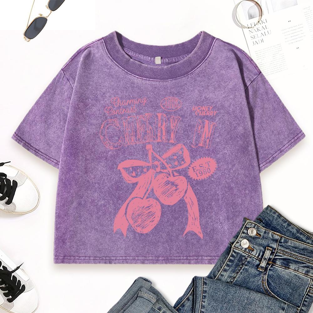 Pink Cherry Bow Est 1980 Printing Washed T Shirt Woman Y2K Street Summer Short Sleeve Womens Cotton T-Shirts