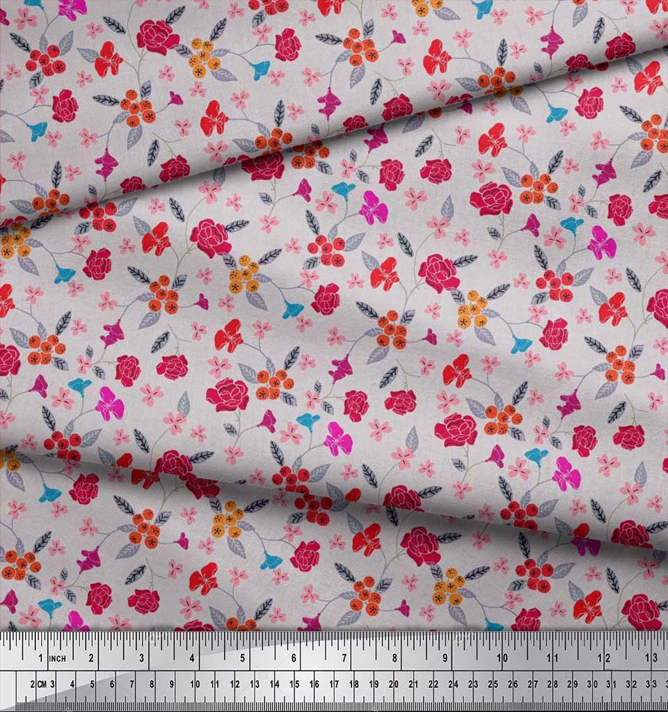 Soimoi Japonská krepová saténová látka Bobule, Listy a Květinový umělecký potisk Látka na metr 42 palců