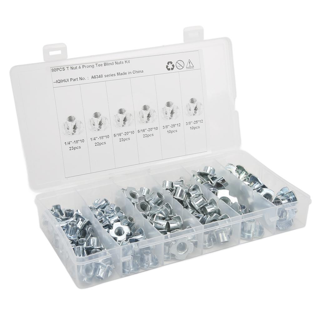 110Pcs T Nuts 1 4in 5 16in 3 8in Steel Corrosion Resistant Galvanized Rustproof Pronged Tee Nut