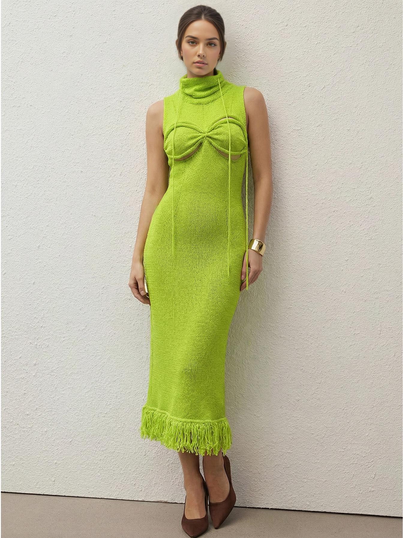 2026 Spring/Summer Women s Fashion Backless High Neck Tassel Knit Dress Medium зелёный