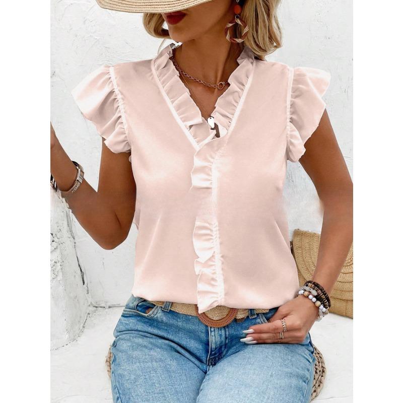 YYFS Women's Fashion Casual Summer Spring Solid Color Print Short Sleeve V-Neck Blouses & Shirts