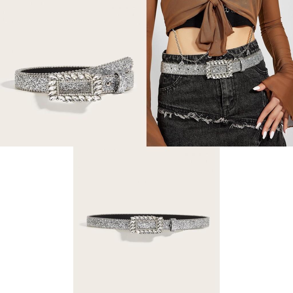 Trendy Square Rhinestone Buckle Pu Belt For Women Wide Waistband With Sparkling Acrylic Diamond Accent Fashionable And Stylish