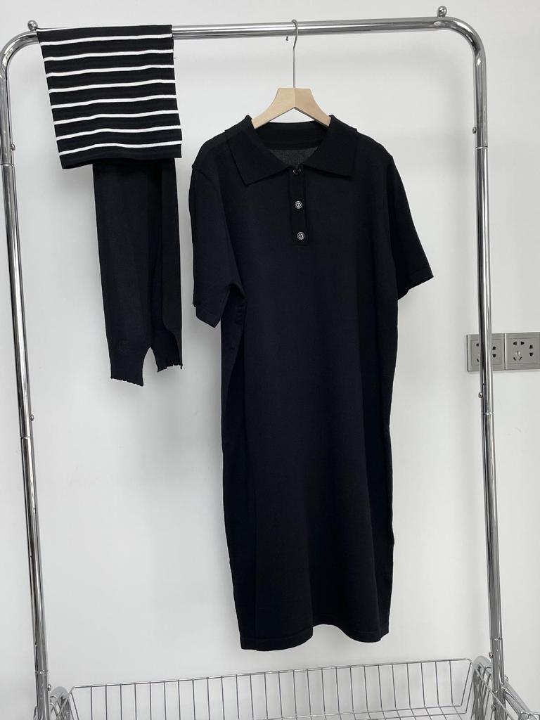 Solid Color Short Sleeve Maxi Dress with Shawl, Striped Plus Size Polo Collar Knitted Dress