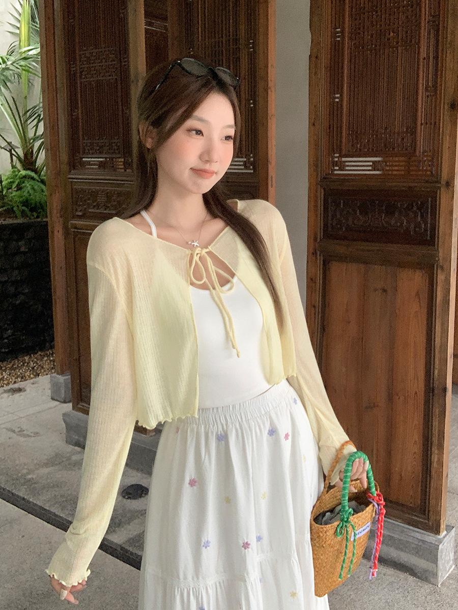 French temperament white thin fungus edge with long-sleeved sunscreen blouse cardigan women s summer with suspenders small top S