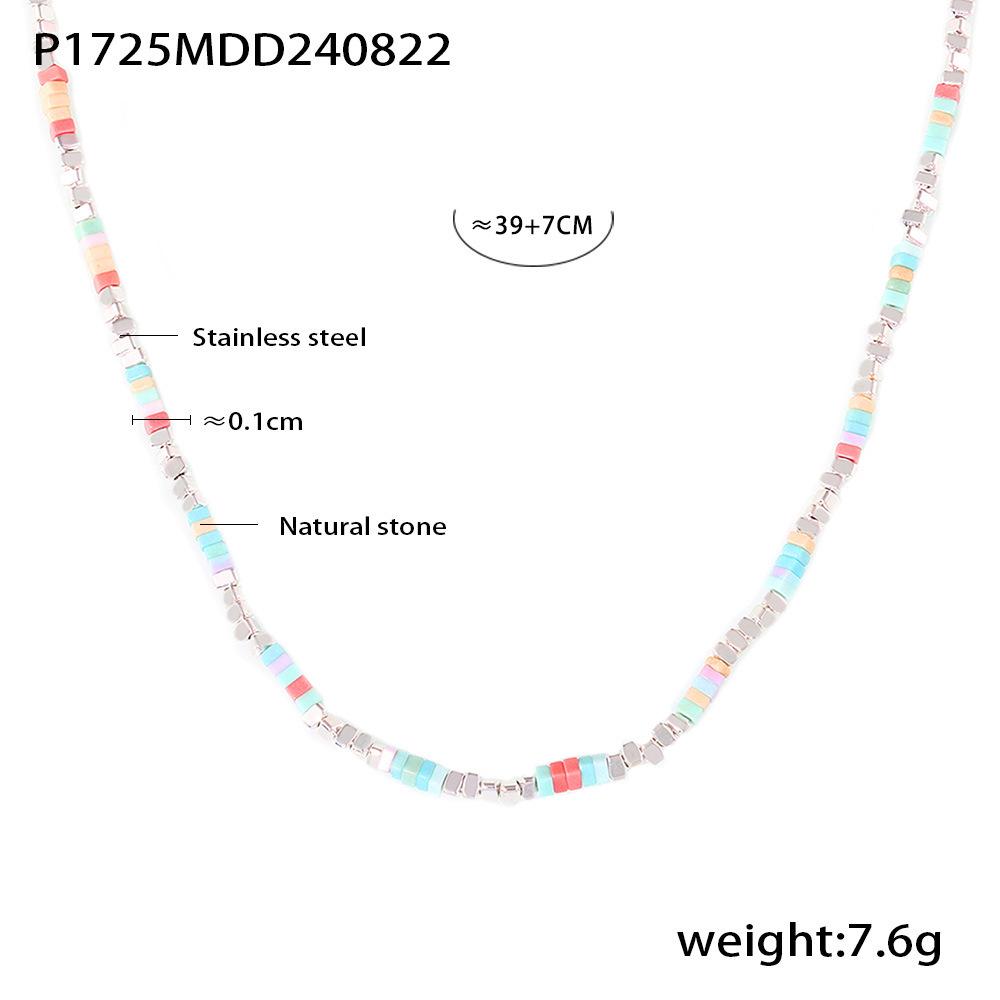 Dopamine-Style Colorful Beaded Natural Stone Necklace with Stainless Steel Clavicle Chain